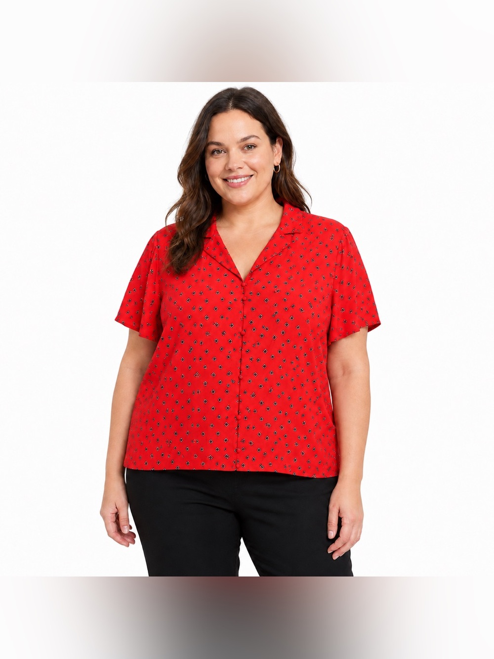 Vince Camuto XL Red Floral Button Front Drawstring Waist Blouse